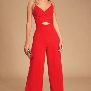 Lulu's • So Ladylike Red Surplice Cutout Jumpsuit